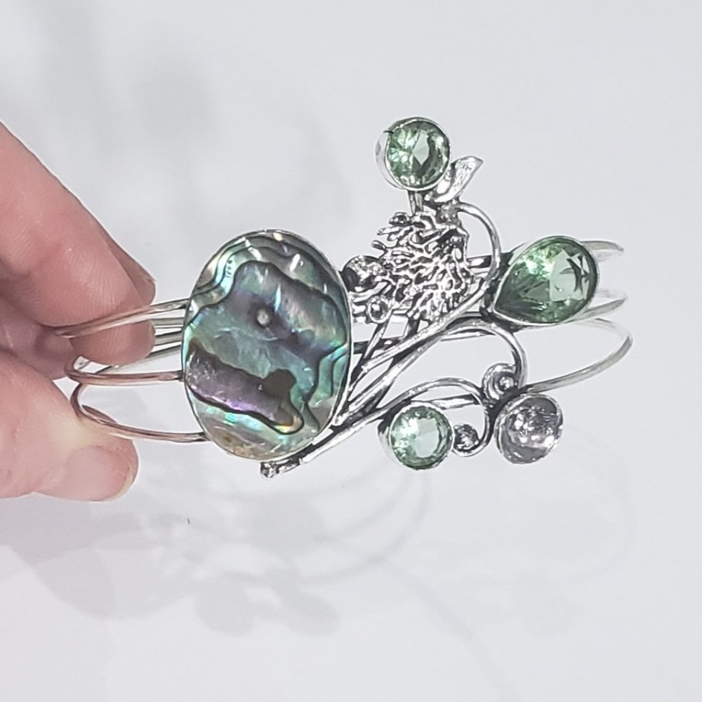 Abalone Shell peridot gemstone 925 silver adjustable cuff bangle bracelet